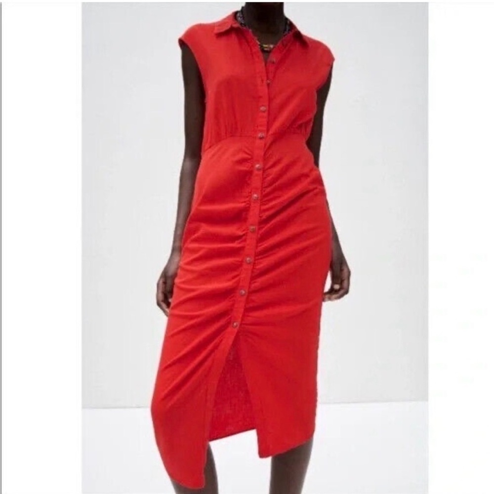 Zara cherry red sleeveless front button ruched linen blend midi dress sz M - Picture 3 of 15